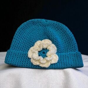 Blue Crochet Beanie with White Flower